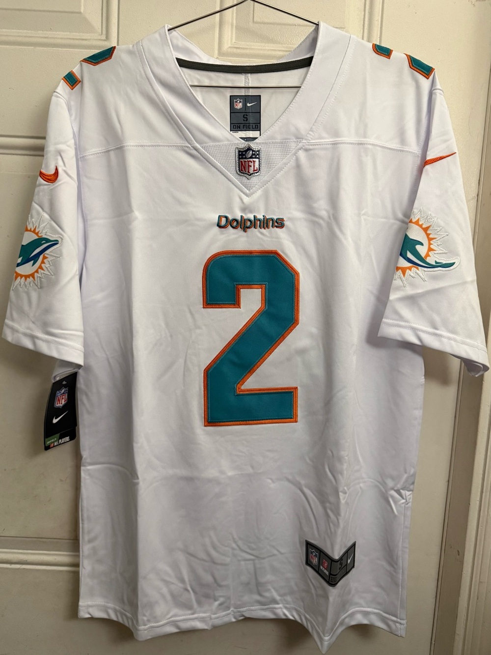 🐬🐬Nike Style Men’s Dolphins White Jersey with Aqua & Orange #2